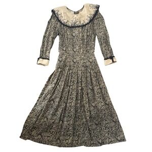 Vintage 80s Paisley Dress 10 Whimsigoth Prairie Collar Romantic Dark Academia